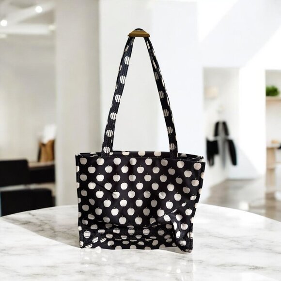 KATE SPADE Cream Black Apple Print Tote Nylon Shoulder Bag - Picture 1 of 16